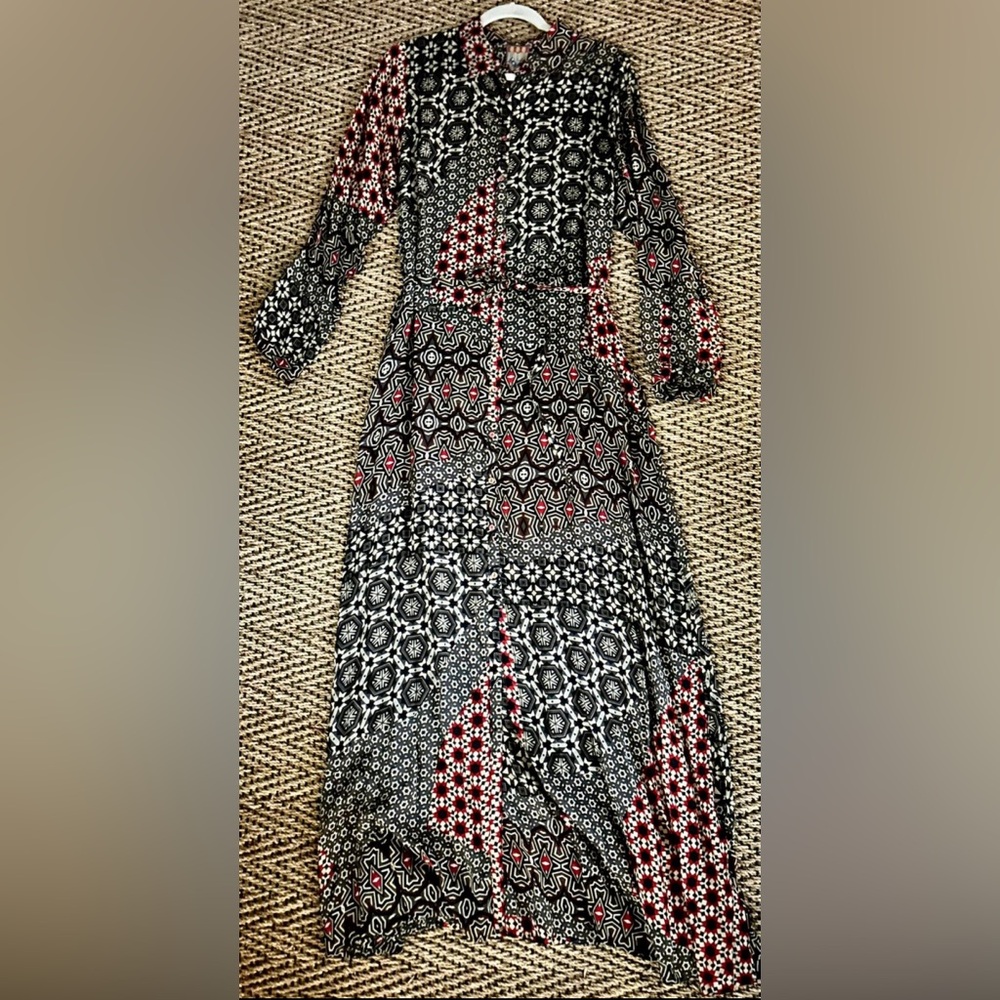 EUC Johnny Was Silk Long Maxi Geometric Patchwork Print  Shirtdress M Gorgeous